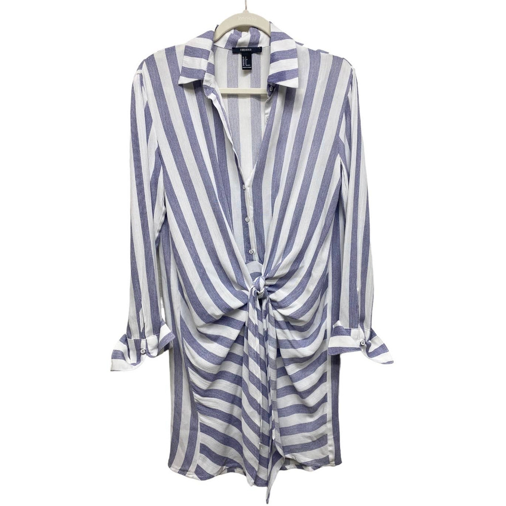 Forever 21 Blue and White Striped Midi Dress with Front Tie